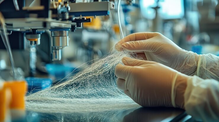 scientist handling advanced nanofiber material hightech laboratory setting with precision equipment protective gear 35681 34104